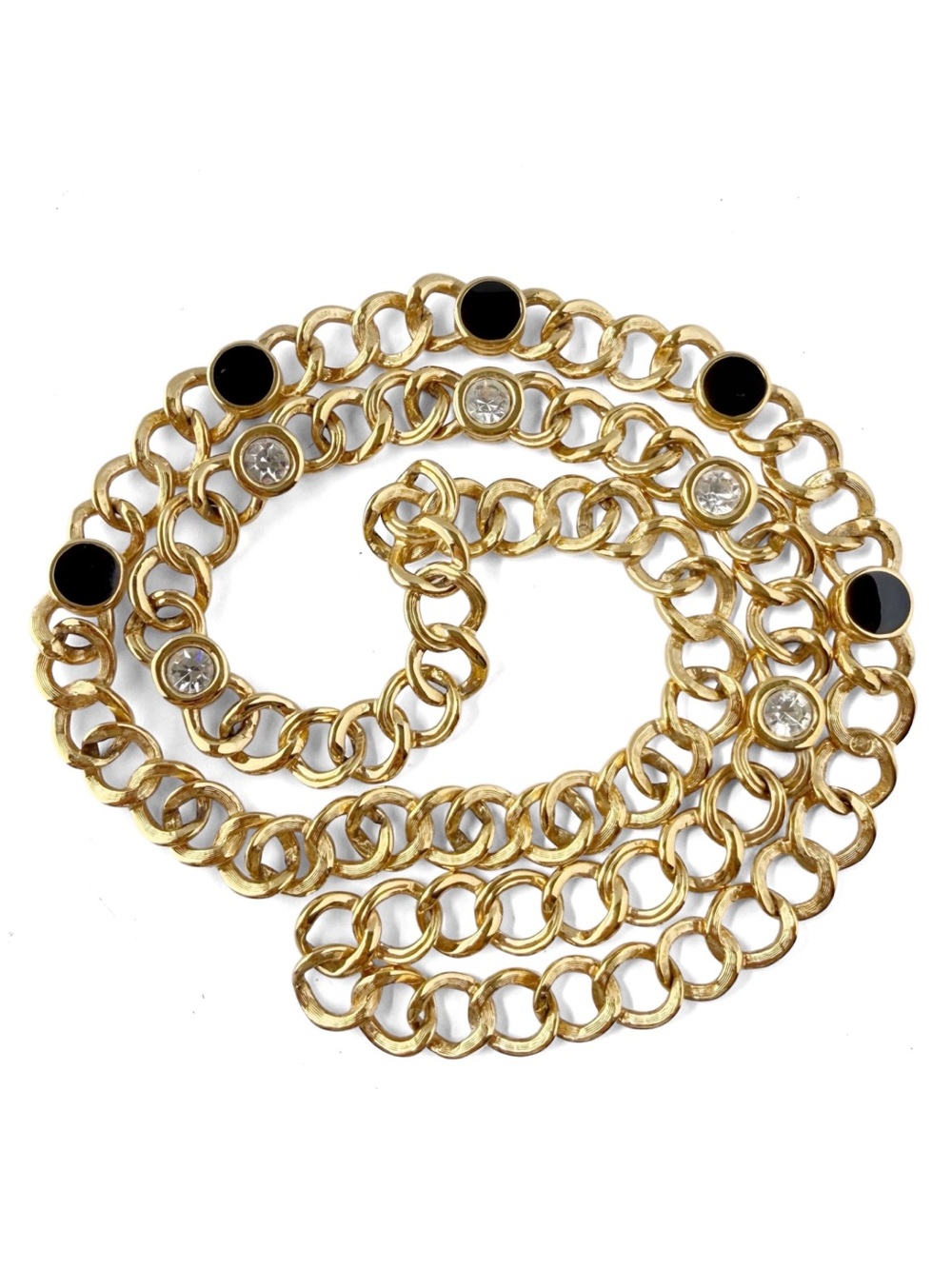 Vintage Swarovski Reversible Clear Crystal Black Enamel Chain Link Necklace 30”